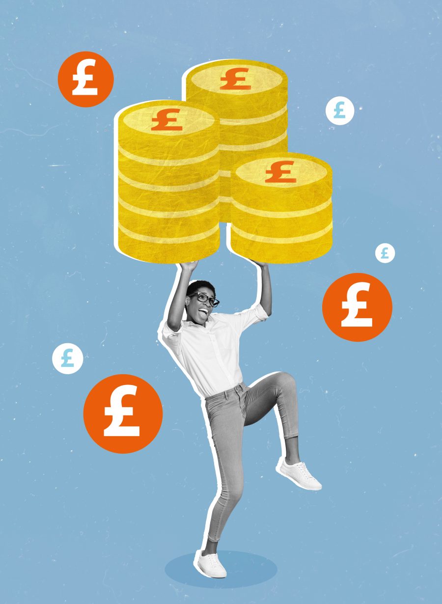 Conceptual graphic showing a man dancing while holding coins above his head
