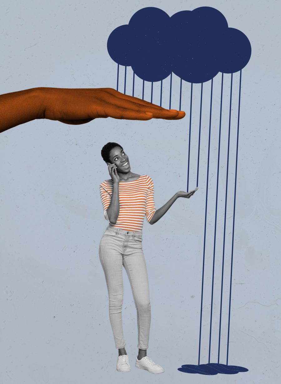 Woman on phone underneath a raincloud, with a hand protecting her from rain